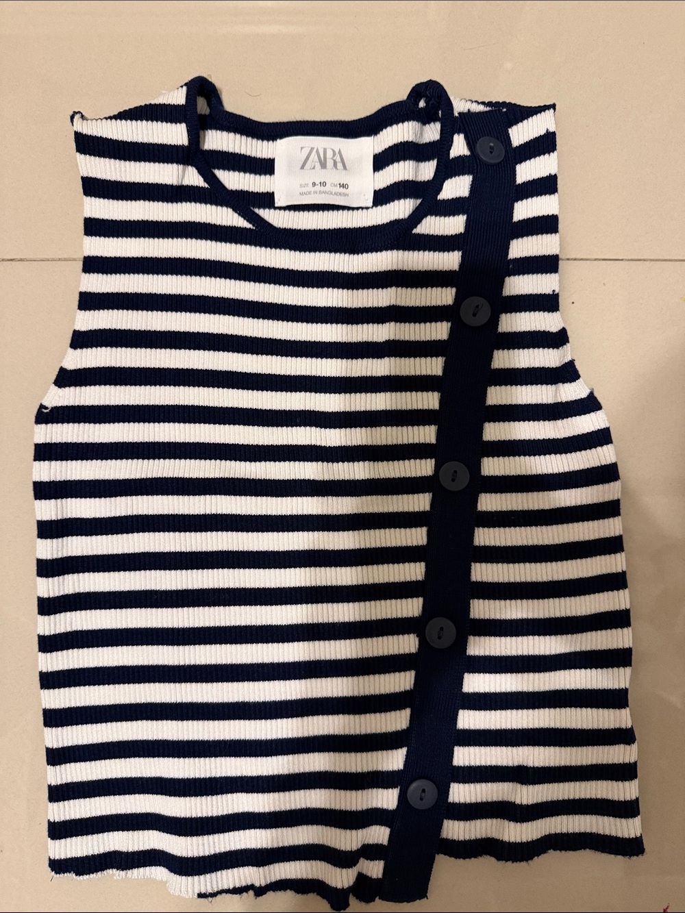 Zara Navy & White Striped Button-Trim Knit Tank